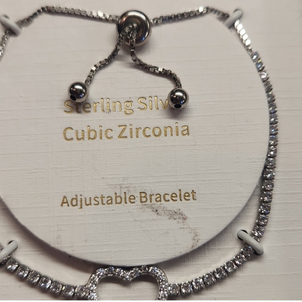 NIB CZ Sterling Silver Adjustable Heart Bracelet - Picture 4 of 5